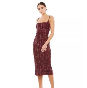 Mac Duggal Midi Burgundy Sequin Beaded Dress NWOT Size 8